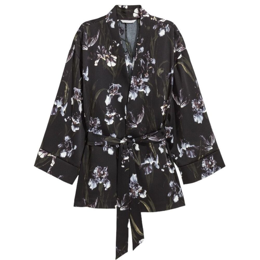 Womens H&M Black Floral Print Kimono Jacket Blazer - Sz 12